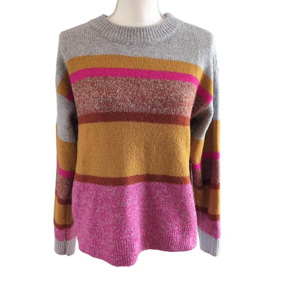 Lou & Grey Gray Pink Color Block Stripe Crewneck Sweater Size M - Picture 1 of 9